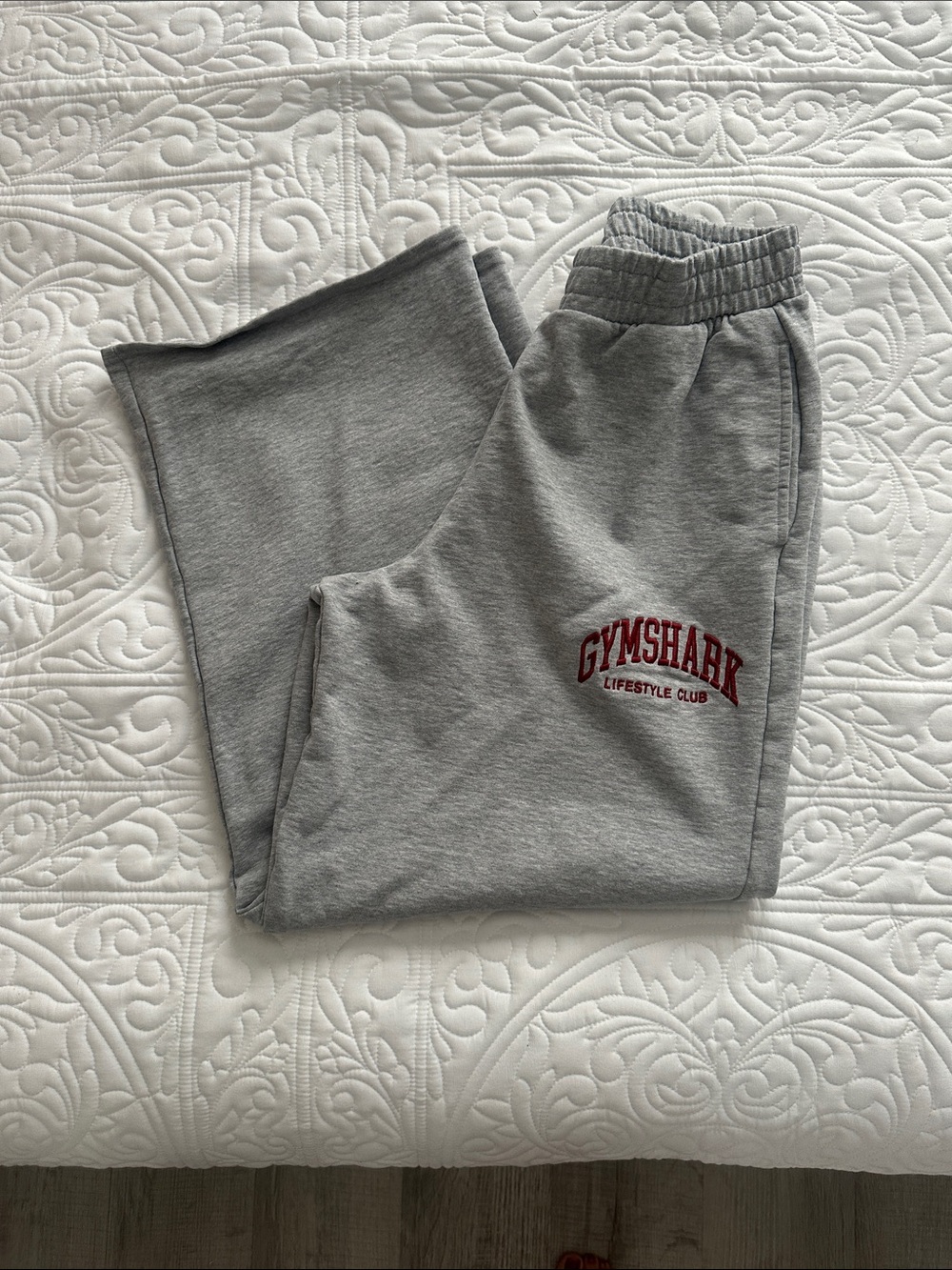 Gymshark Light Gray Sweatpants with Maroon Logo